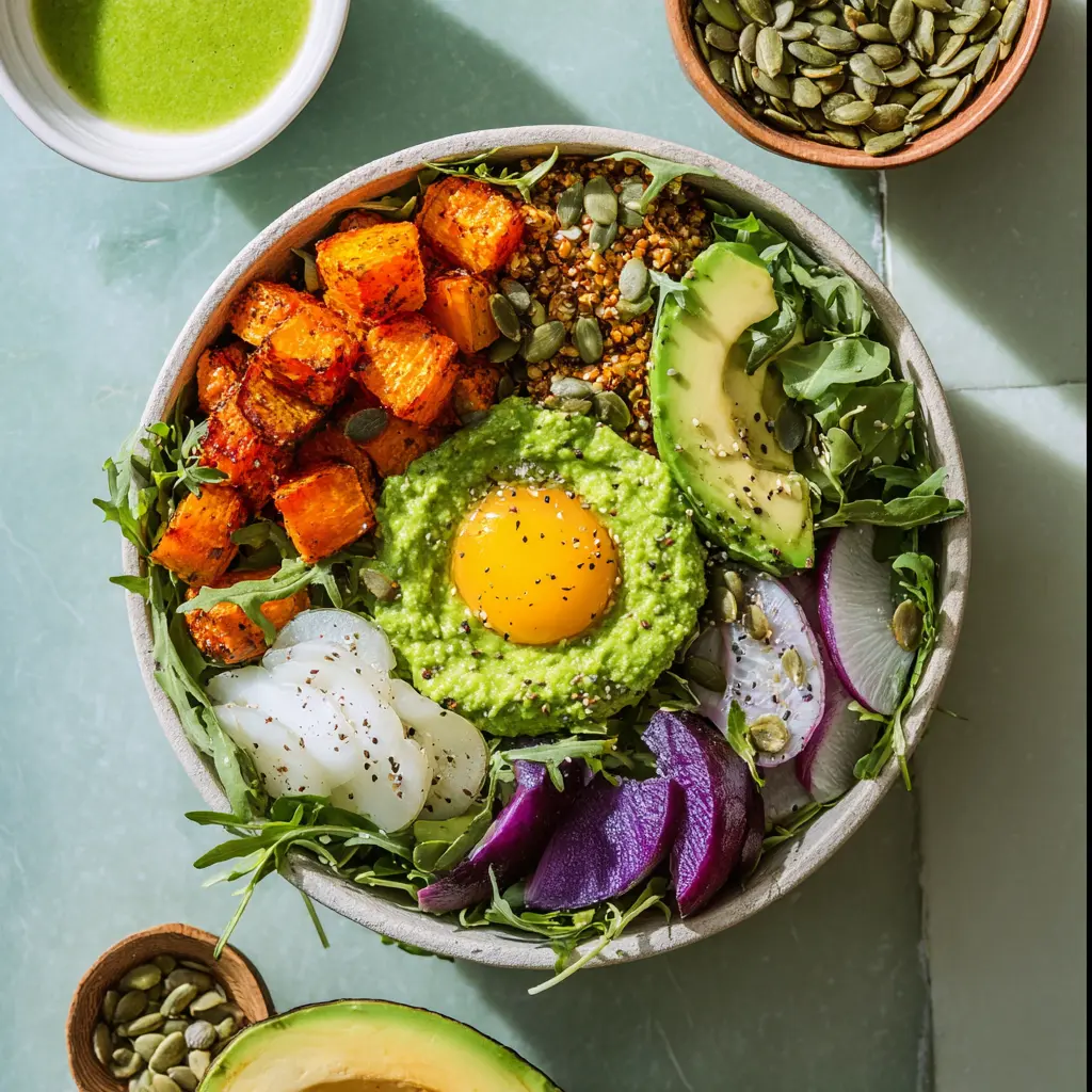 Spring Gut Health Green Goddess Bowl recipe, served and ready to eat, easy homemade dinner