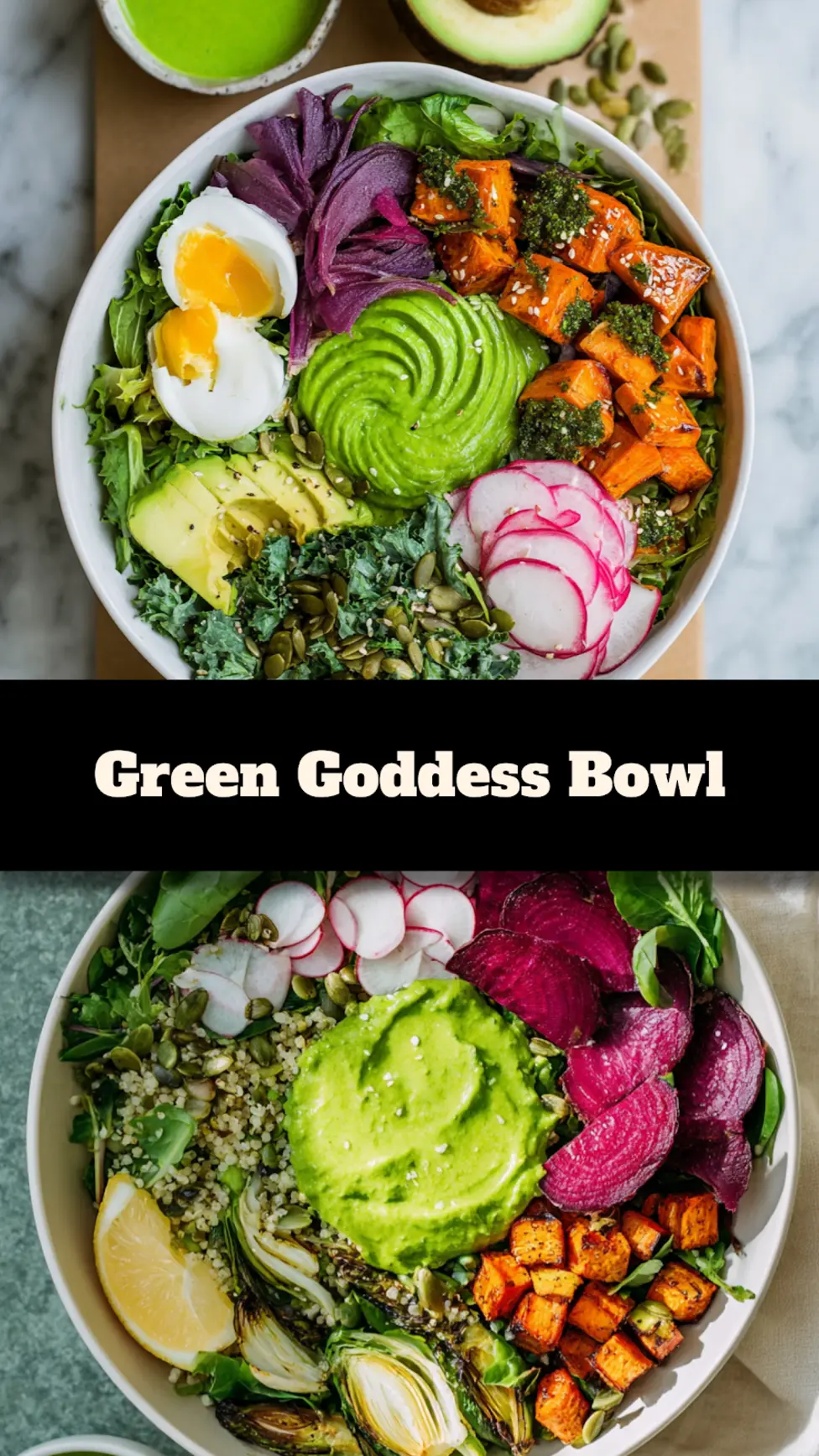 Spring Gut Health Green Goddess Bowl recipe, served and ready to eat, easy homemade dinner