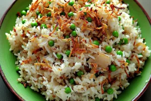Spring Pea Pulao Rice Crispy Shallots recipe, served and ready to eat, easy homemade dinner