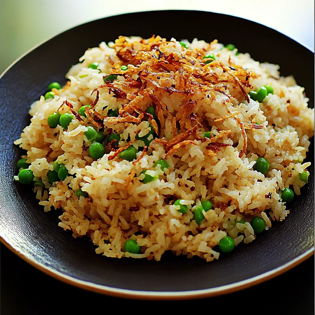 Spring Pea Pulao Rice Crispy Shallots Vibrant Fresh Dinner 3 Spring Pea Pulao Rice with Crispy Shallots served in a bowl, ready to eat