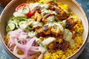 Sumac Chicken Golden Rice Nourish Bowl recipe, served and ready to eat, easy homemade dinner