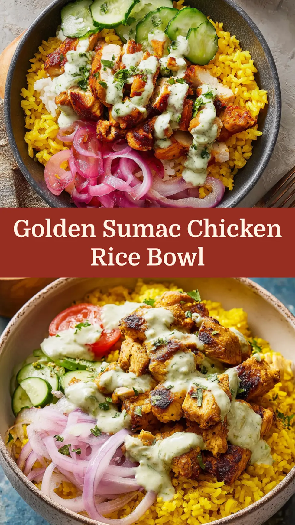 Sumac Chicken Golden Rice Nourish Bowl Your New Vibrant Easy Dinner 4 Sumac Chicken Golden Rice Nourish Bowl recipe, served and ready to eat, easy homemade dinner