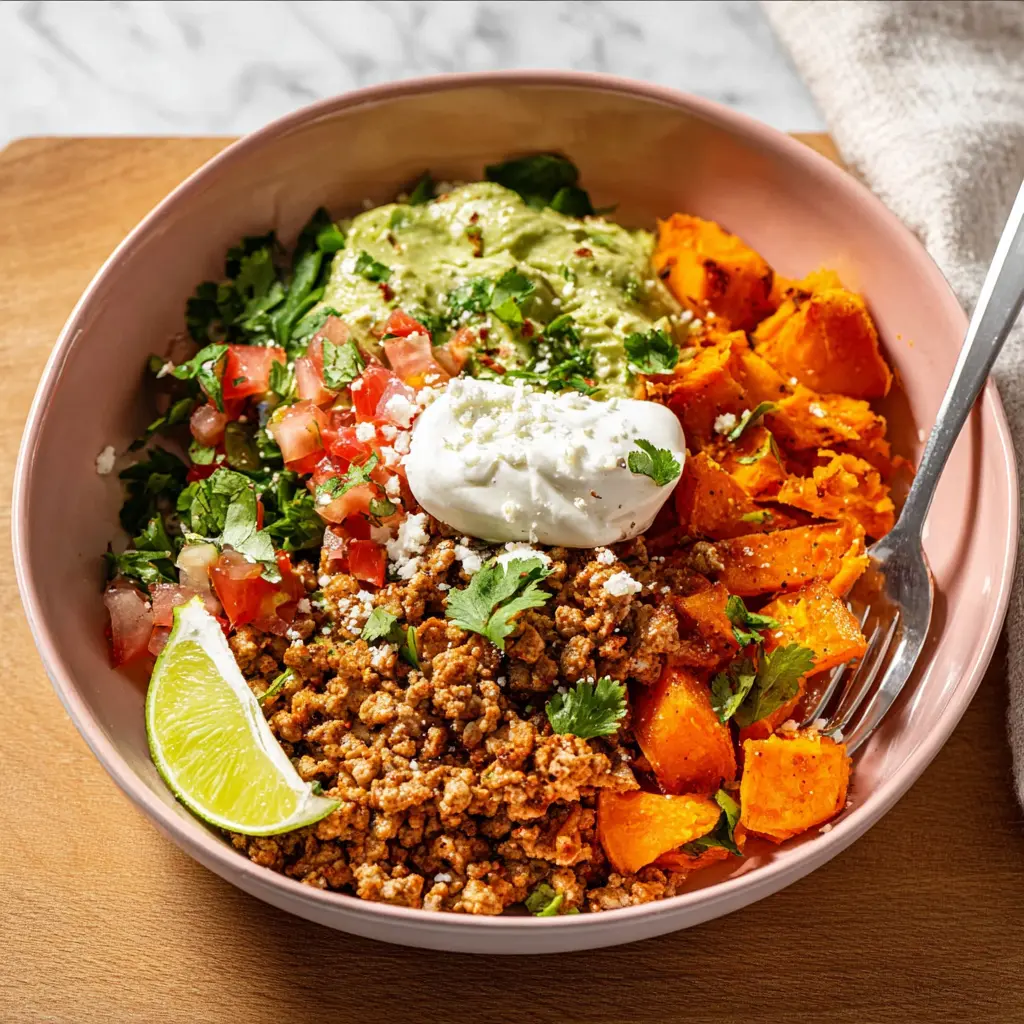 Sweet Potato Taco Bowl Ground Turkey recipe, served and ready to eat, easy homemade dinner