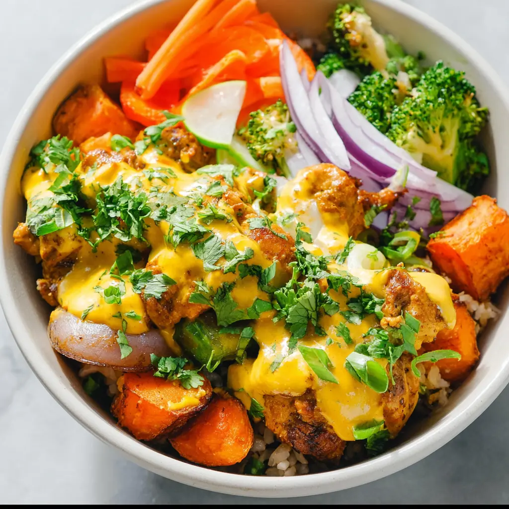Turmeric Chicken Bowl recipe, served and ready to eat, easy homemade dish