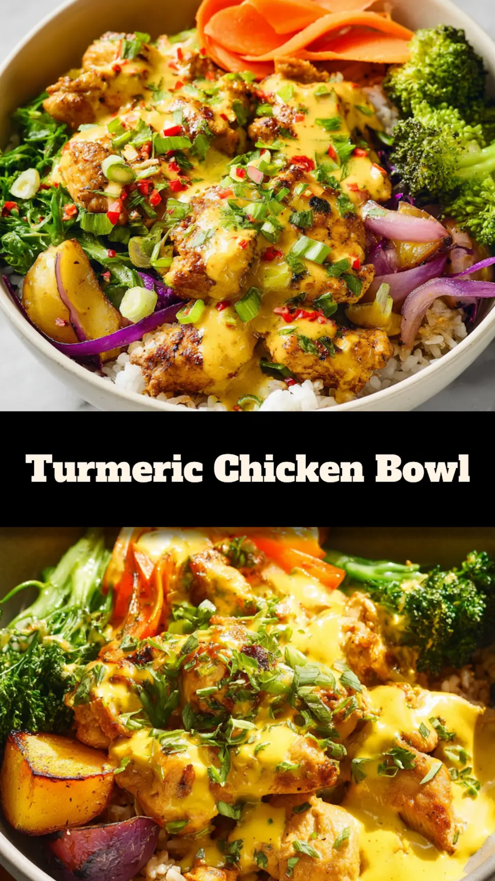 Turmeric Chicken Bowl recipe, served and ready to eat, easy homemade dish
