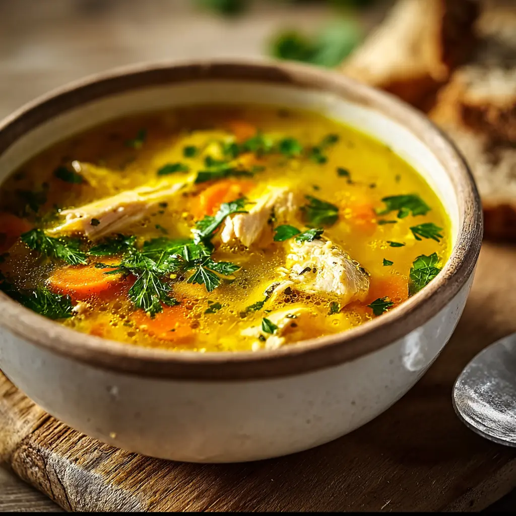 Turmeric Chicken Soup recipe, served and ready to eat, easy homemade dinner