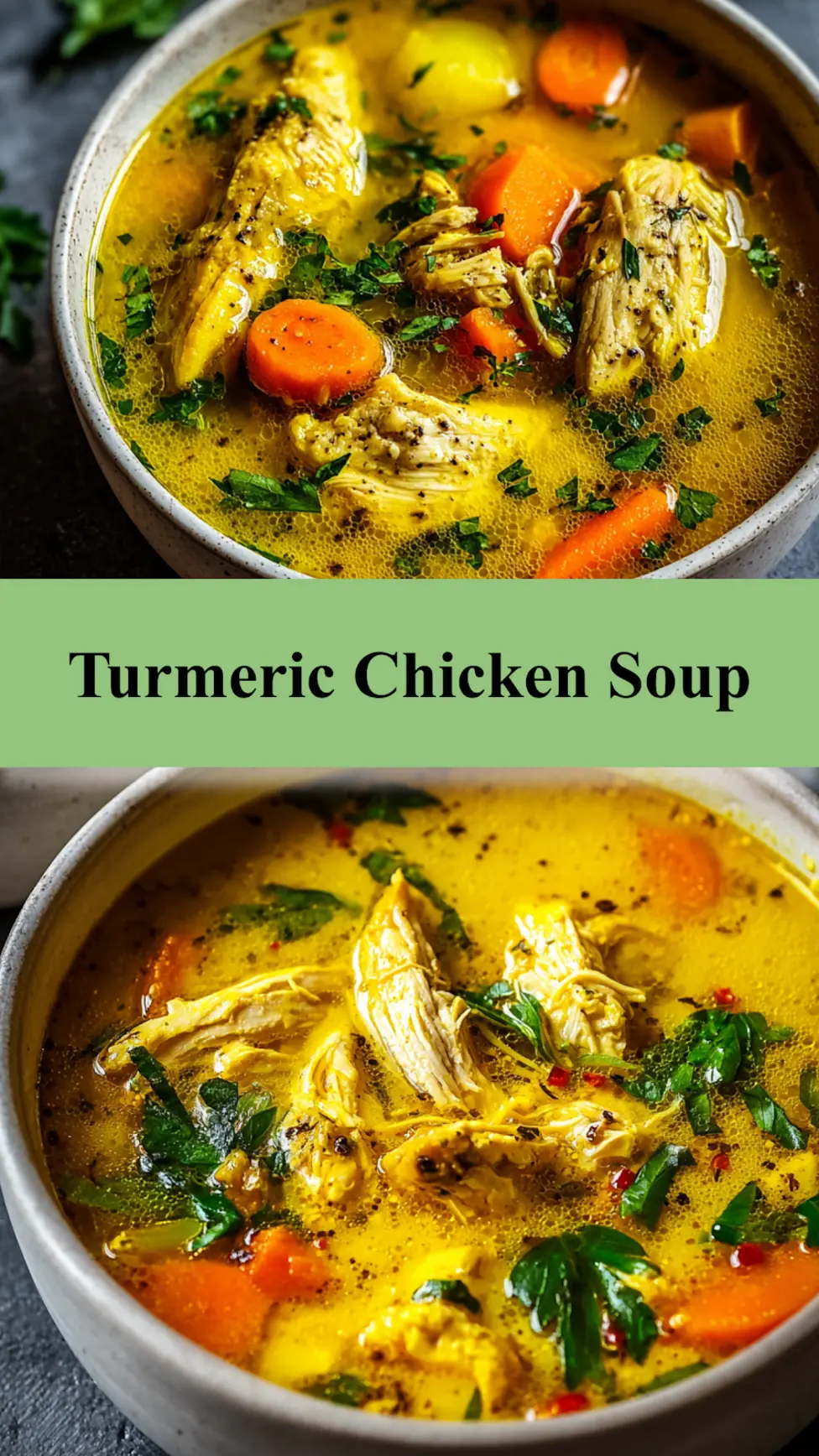 Turmeric Chicken Soup recipe, served and ready to eat, easy homemade dinner_pin