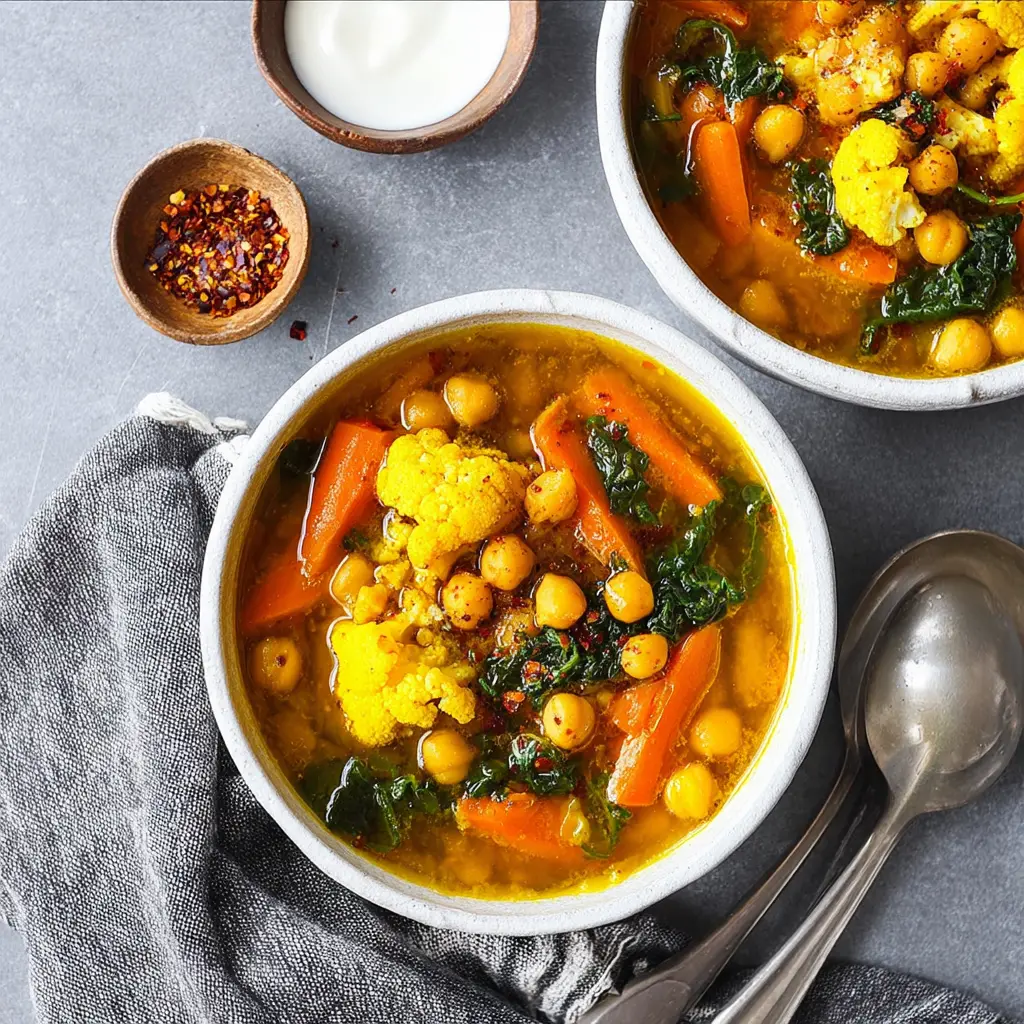 Turmeric Chickpea Soup served in a bowl, easy homemade recipe ready to eat