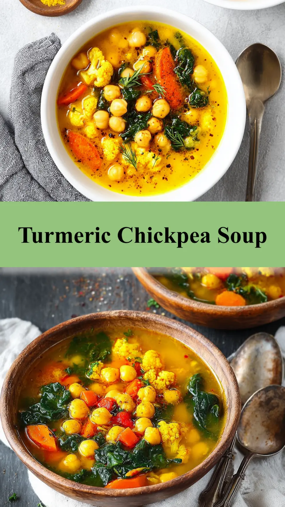 Turmeric Chickpea Soup recipe pin, served and ready to eat, easy homemade dish