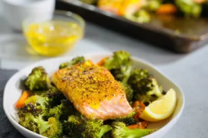 Turmeric Ginger Salmon Roasted Broccoli Bowl recipe, served and ready to eat, easy homemade dinner
