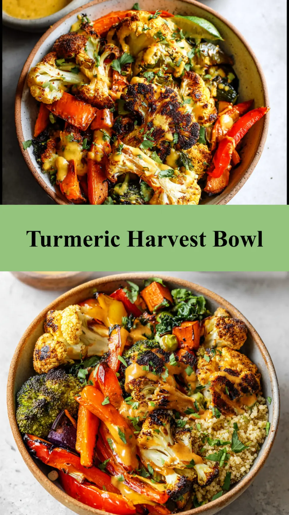 Turmeric Roasted Veggie Harvest Bowl pinnable image showing the finished bowl