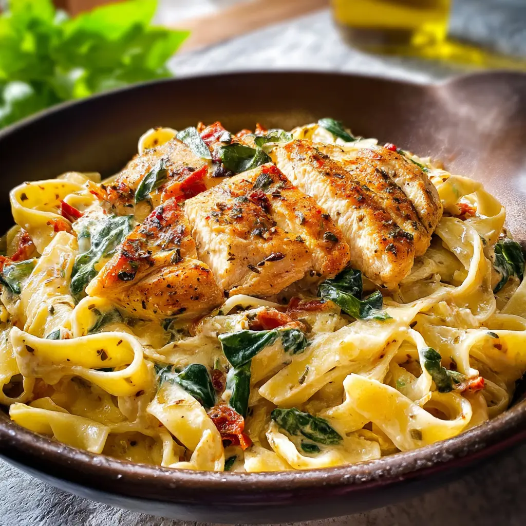 Tuscan Chicken Pasta recipe, served and ready to eat, easy homemade dinner