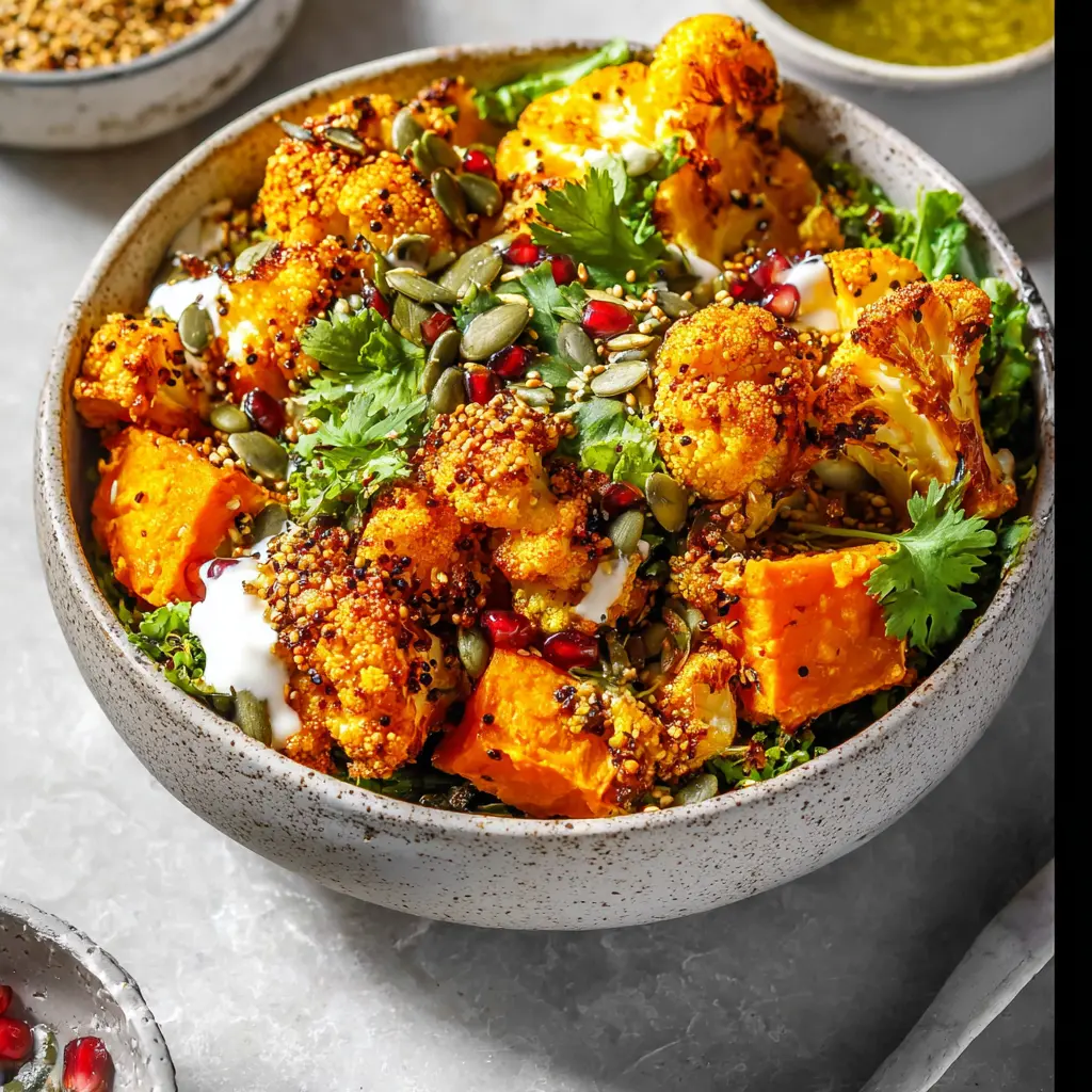 Anti Inflammatory Cauliflower Sweet Potato Bowl recipe, served and ready to eat, easy homemade dish