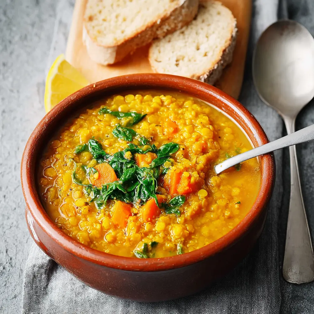 Anti Inflammatory Lentil Soup Turmeric recipe, served and ready to eat, easy homemade dish