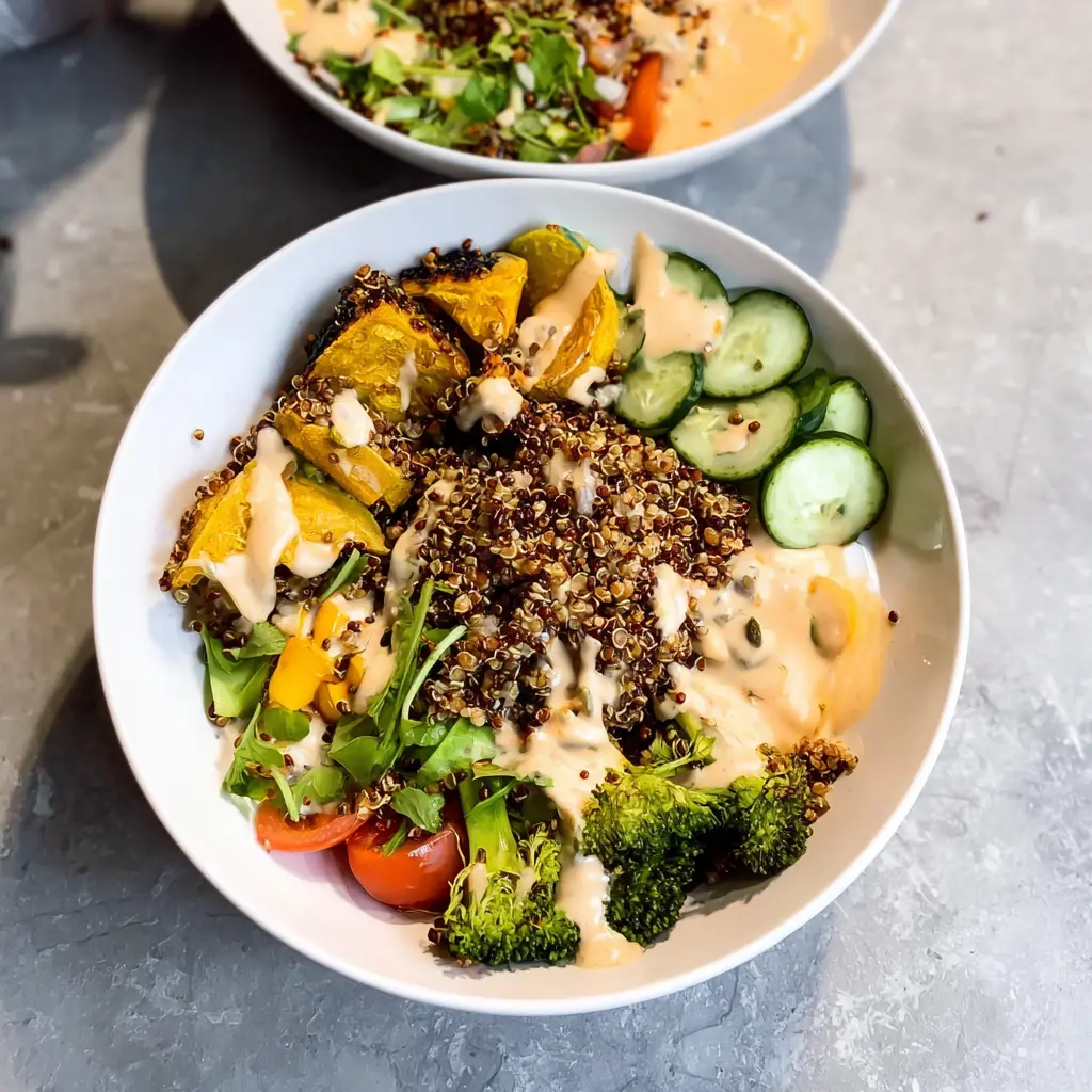 Anti Inflammatory Quinoa Bowl Tahini Dressing recipe, served and ready to eat, easy homemade dish