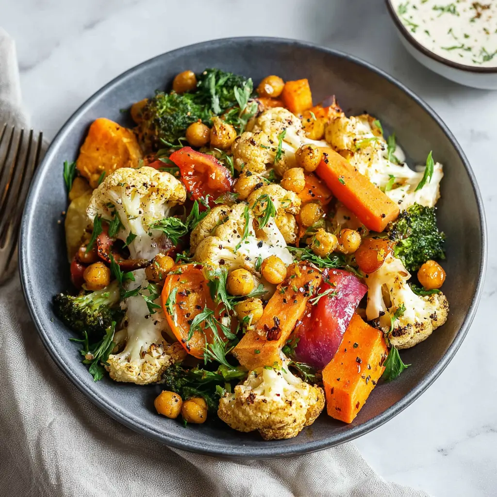 Anti Inflammatory Roasted Veggie Glow Bowl recipe, served and ready to eat, easy homemade dish