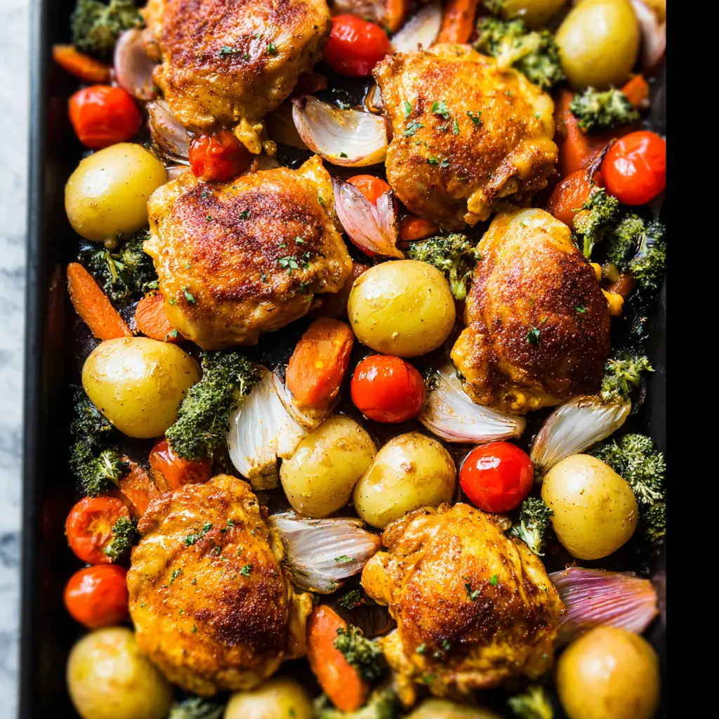 Anti-Inflammatory Sheet Pan Chicken Thighs recipe, served and ready to eat, easy homemade dish