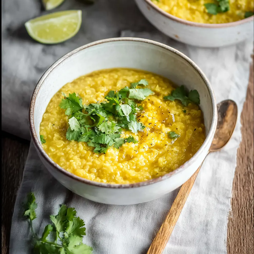 Ayurvedic Kitchari Healing Soup recipe, served and ready to eat, easy homemade dish