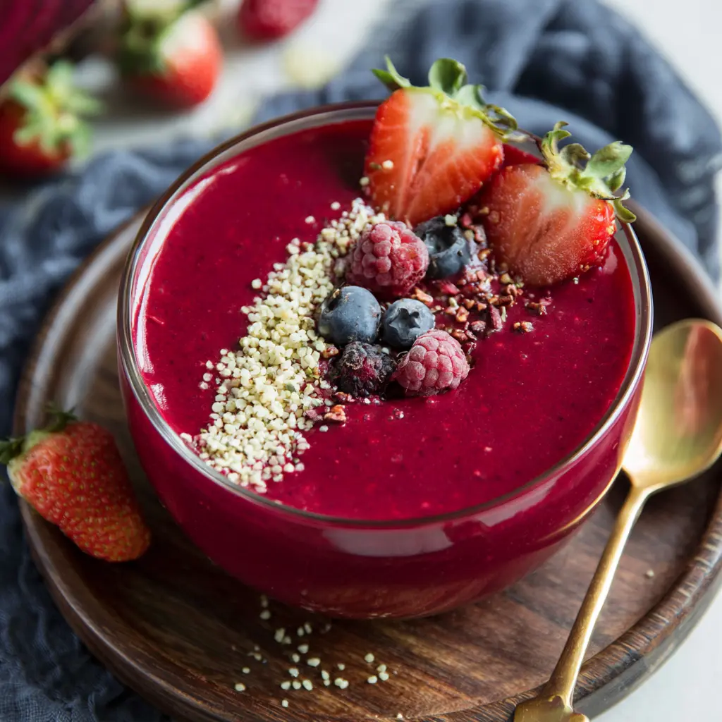 Beet Berry Smoothie Bowl recipe, served and ready to eat, easy homemade dish