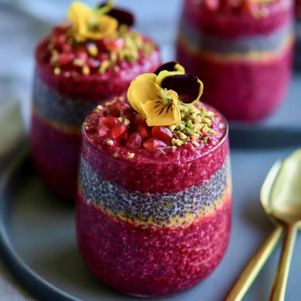 Beet Chia Pudding recipe, served and ready to eat, easy homemade dish