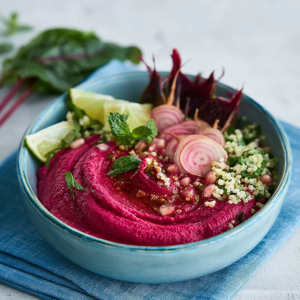 BEET HUMMUS POWER BOWL recipe, served and ready to eat, easy homemade dish