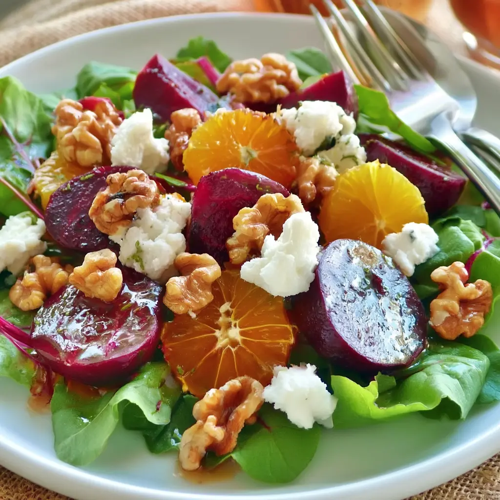 Beet Orange Walnut Salad recipe, served and ready to eat, easy homemade dish