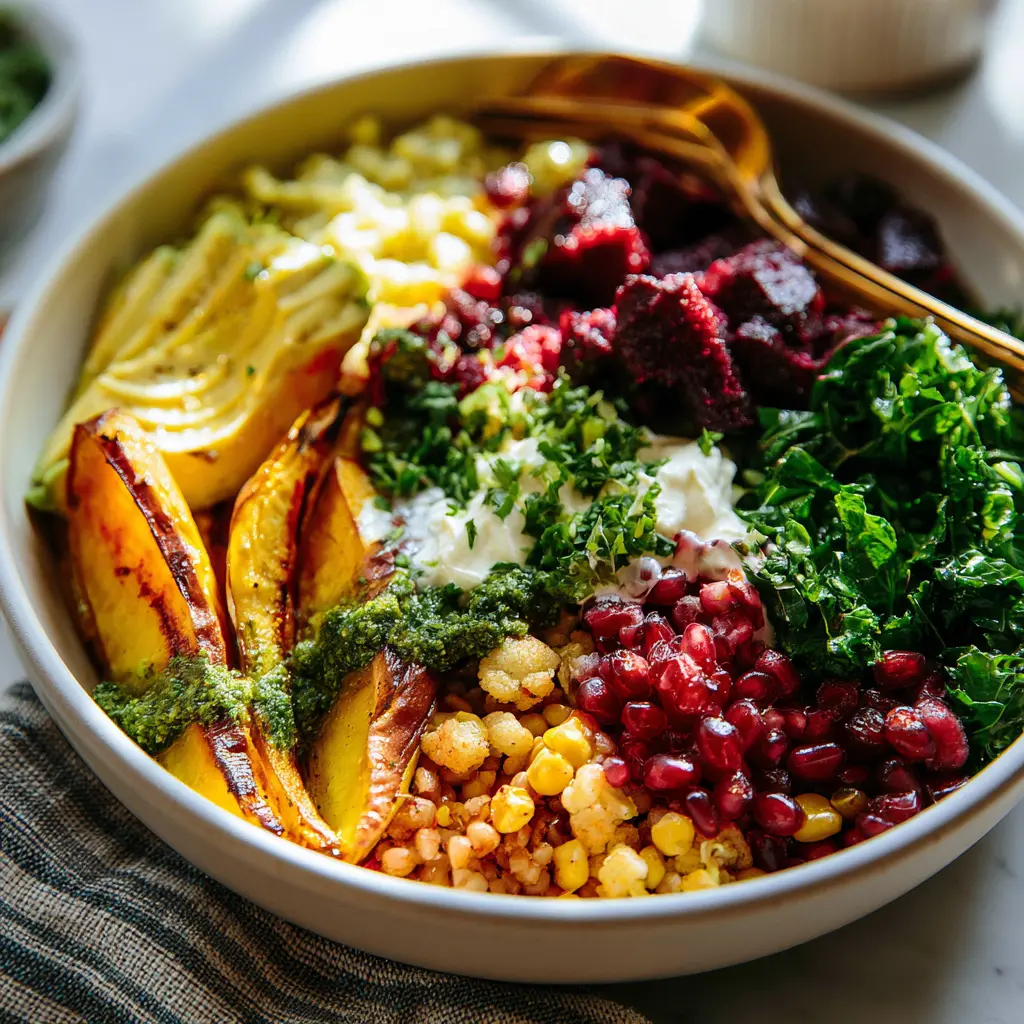 Beet Pesto Grain Bowl recipe, served and ready to eat, easy homemade dish