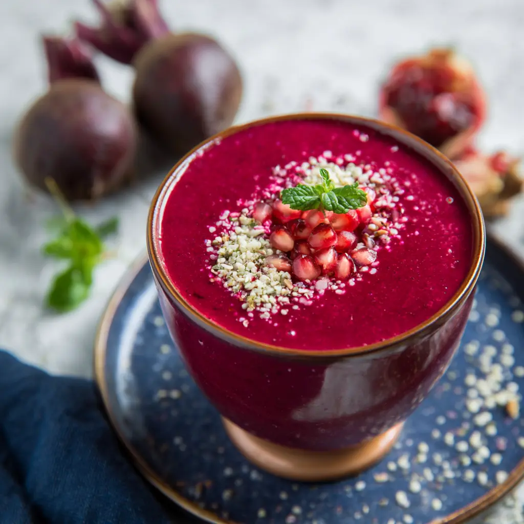 Beet Smoothie Bowl recipe, served and ready to eat, easy homemade dish