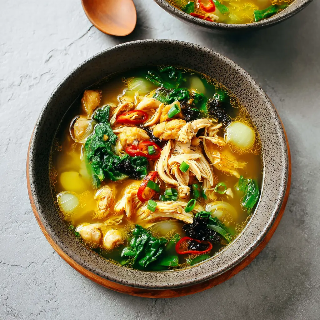 Black Garlic Immune Chicken Soup recipe, served and ready to eat, easy homemade dish