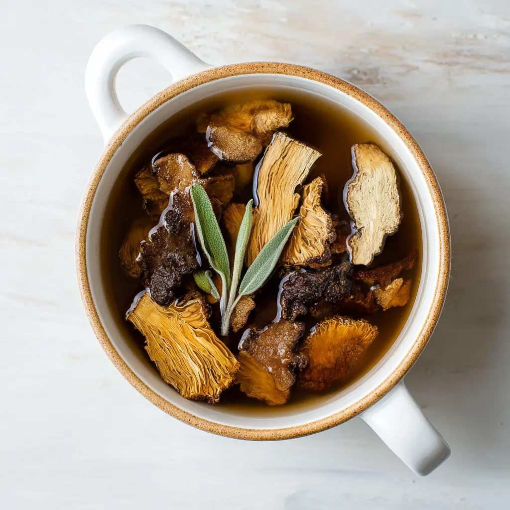 Chaga Mushroom Healing Bone Broth recipe, served and ready to eat, easy homemade dish