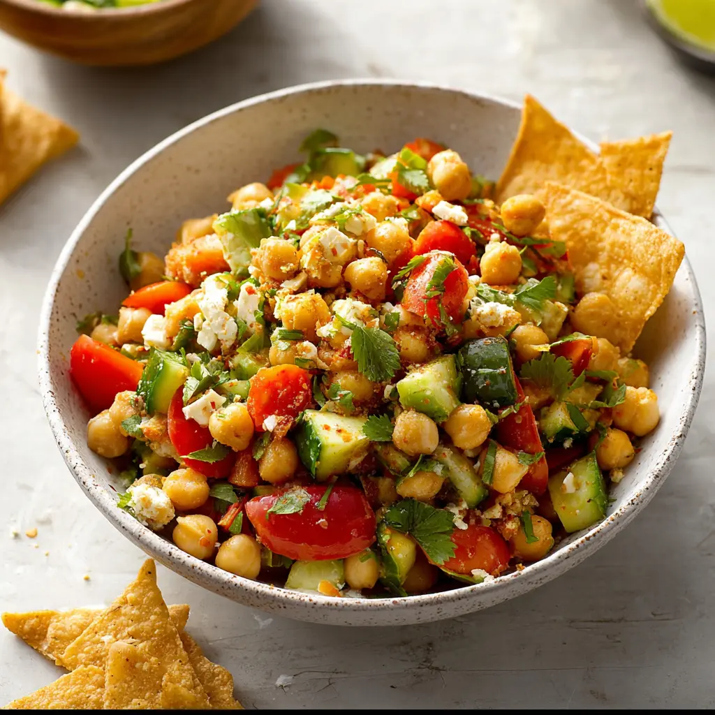 CHICKPEA CHOPPED SALAD PITA CHIPS recipe, served and ready to eat, easy homemade dish