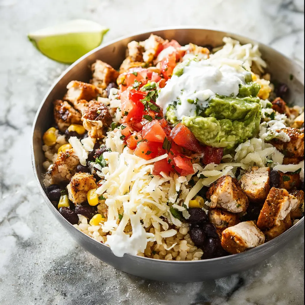 Chipotle Burrito Bowl recipe, served and ready to eat, easy homemade dish