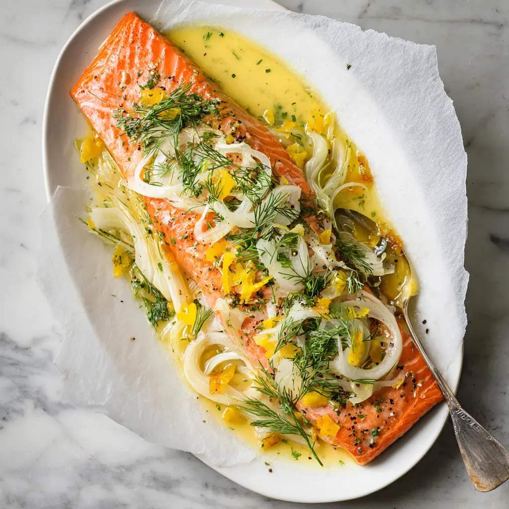 Citrus Poached Salmon Fennel recipe, served and ready to eat, easy homemade dish
