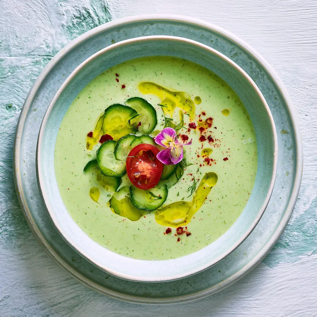 Cucumber Avocado Gazpacho Cold Soup recipe, served and ready to eat, easy homemade dish
