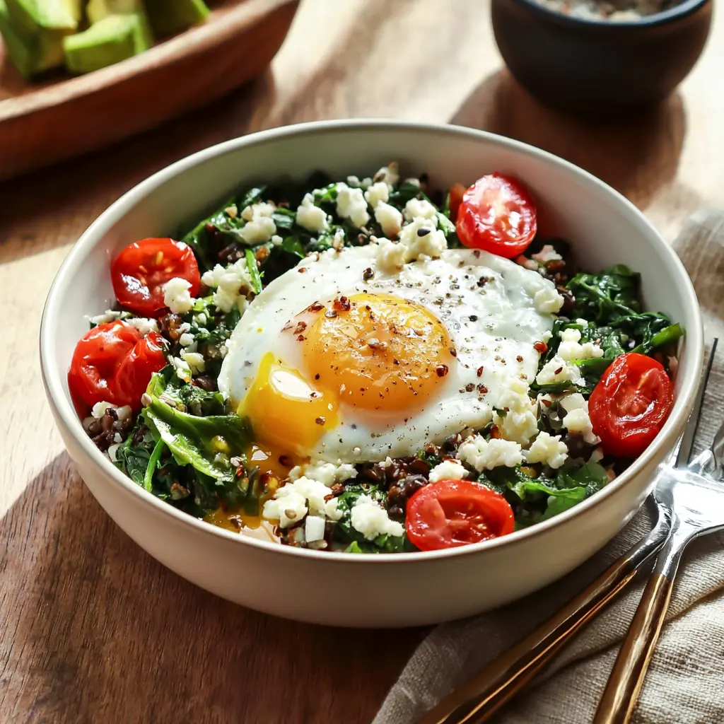 Egg White Spinach Breakfast Bowl recipe, served and ready to eat, easy homemade dish