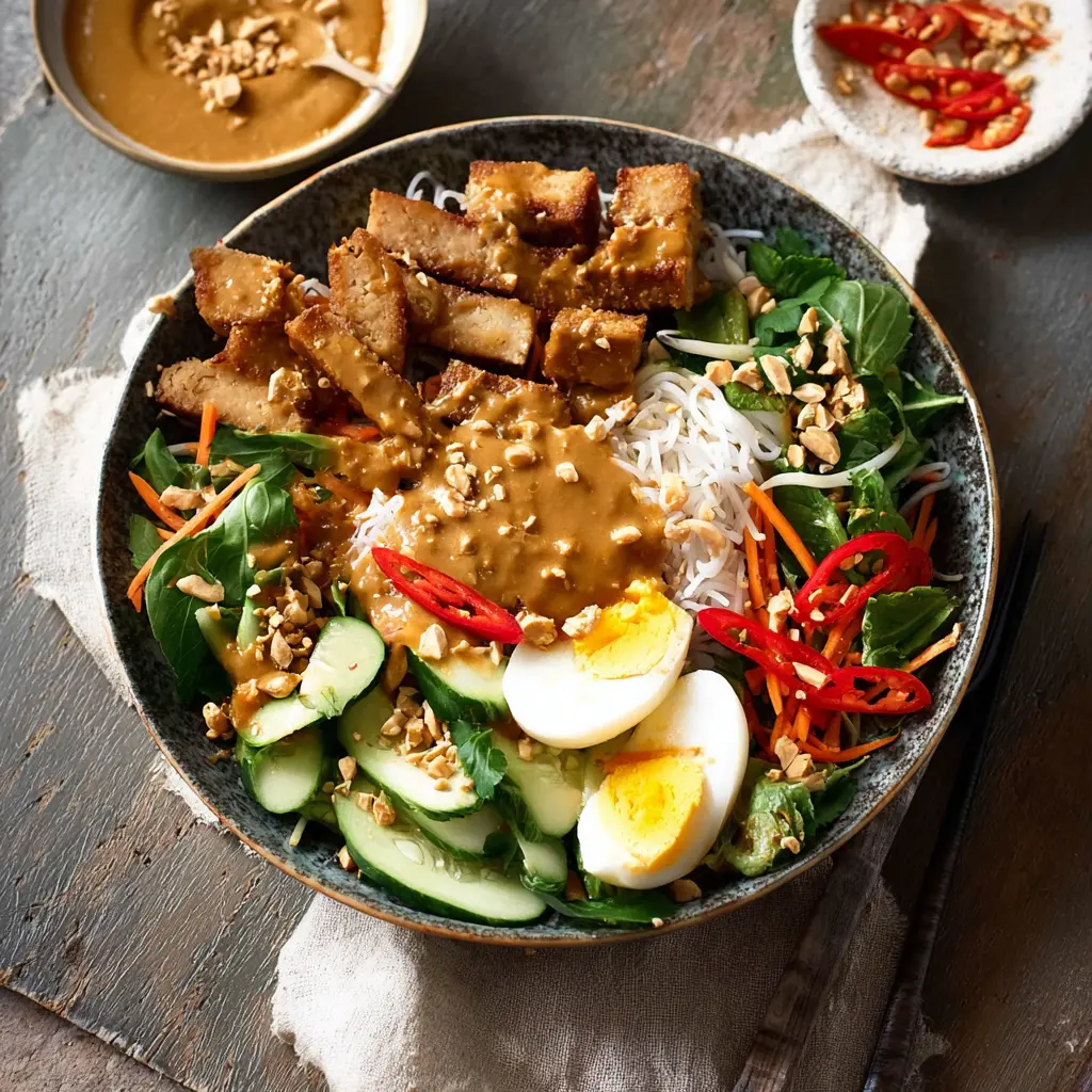 Gado Gado Tempeh Peanut Bowl Vibrant New Way to Make a Real Satisfying Dinner 1 Gado Gado Tempeh Peanut Bowl recipe, served and ready to eat, easy homemade dish