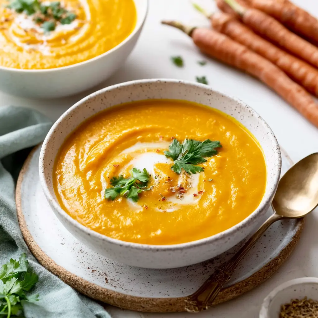 Ginger Carrot Immune Soup recipe, served and ready to eat, easy homemade dish
