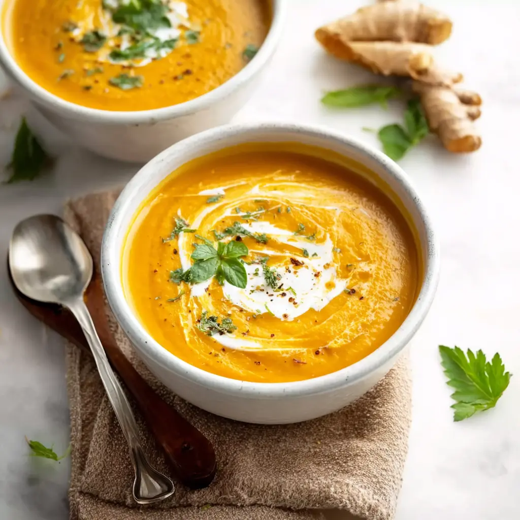 Ginger Carrot Soup recipe, served and ready to eat, easy homemade dish