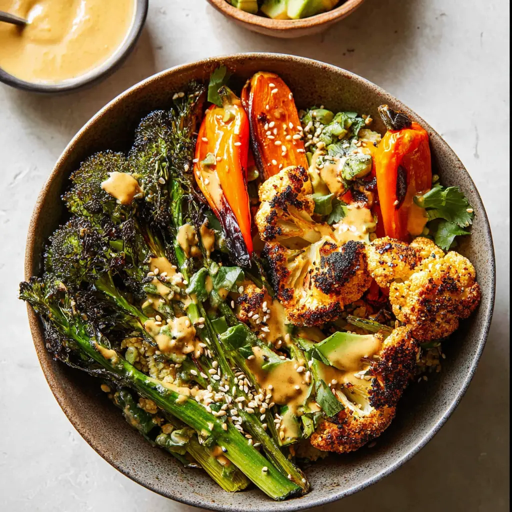 Glow Bowl Roasted Veggies Tahini recipe, served and ready to eat, easy homemade dish