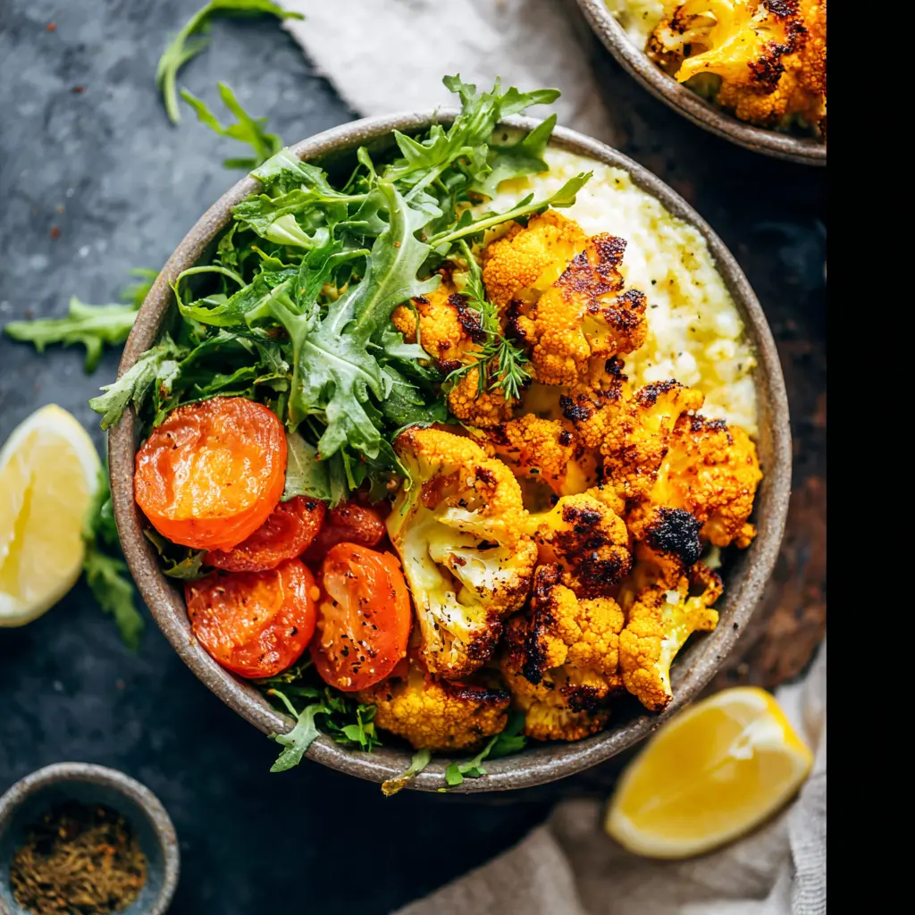GOLDEN TURMERIC CAULIFLOWER BOWL recipe, served and ready to eat, easy homemade dish