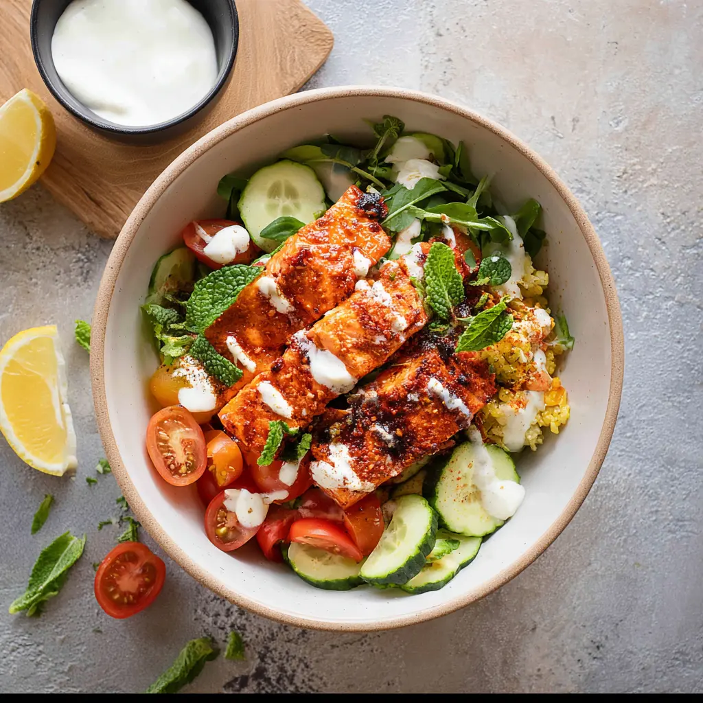 Harissa Salmon Meal Prep Bowl Vibrant and Satisfying Real Way to Make Lunch Better 1 Harissa Salmon Bowl recipe, served and ready to eat, easy homemade dish
