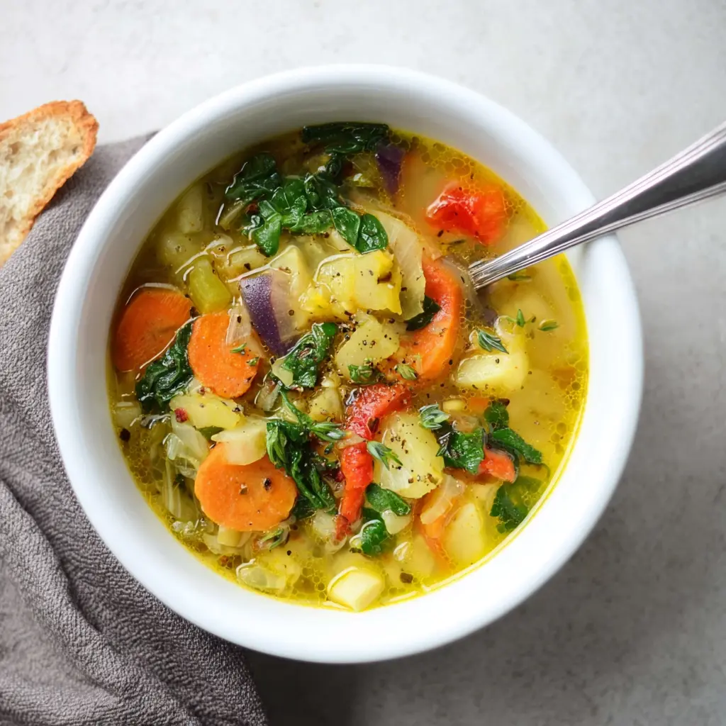 HEALING VEGETABLE SOUP ANTI INFLAMMATORY recipe, served and ready to eat, easy homemade dish