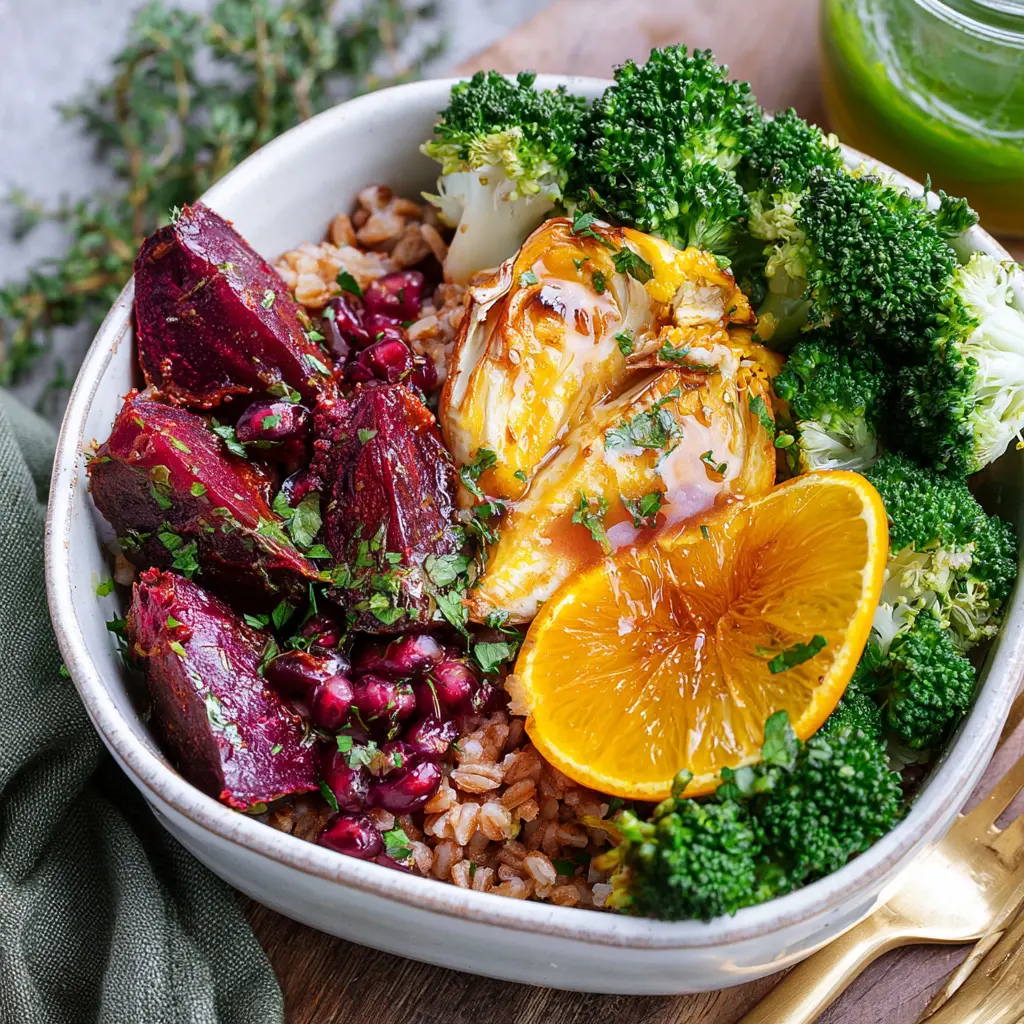 IMMUNE BOOSTING BEET FARRO BOWL recipe, served and ready to eat, easy homemade dish