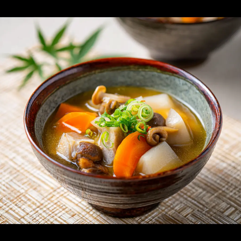 Japanese Kenchinjiru Root Vegetable Soup recipe, served and ready to eat, easy homemade dish