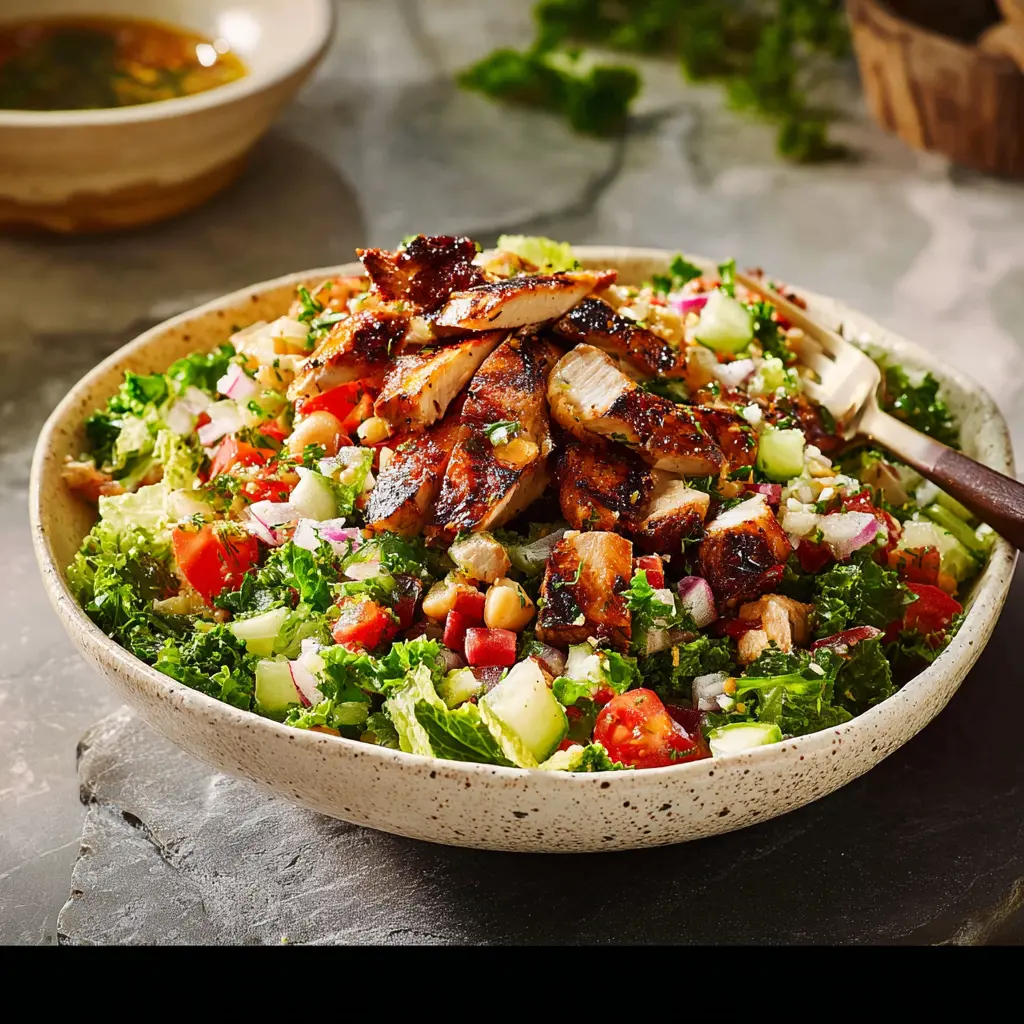Lebanese Fattoush Salad Grilled Chicken Vibrant Fresh Way Your New Favorite Bowl 1 Lebanese Fattoush Salad Grilled Chicken recipe, served and ready to eat, easy homemade dish