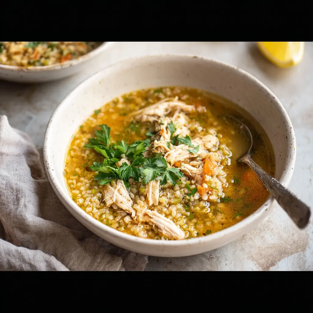 Lebanese Freekeh Chicken Soup recipe, served and ready to eat, easy homemade dish