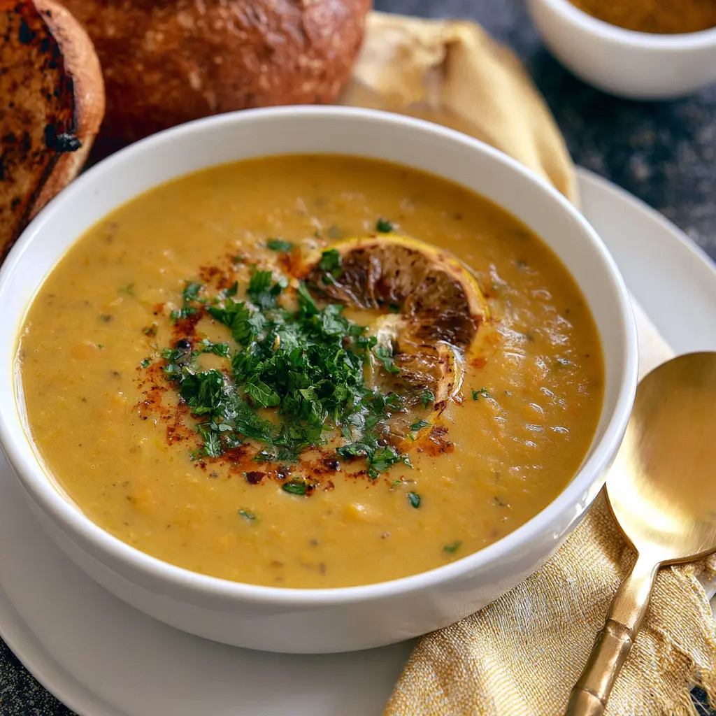 Lebanese Lentil Adas Soup Cumin recipe, served and ready to eat, easy homemade dish