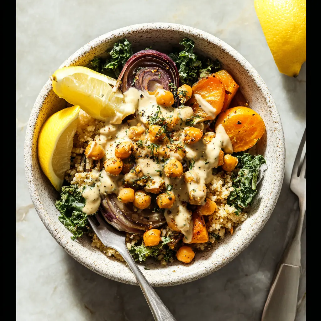 Lemon Tahini Chickpea Bowl Vibrant and Fresh Way to Make Real Dinner 1 Lemon Tahini Chickpea Bowl recipe, served and ready to eat, easy homemade dish