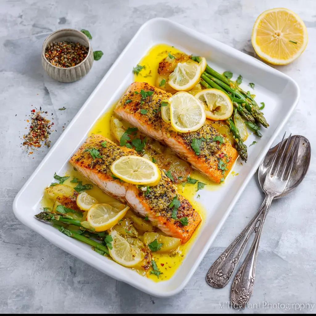 Lemon Turmeric Salmon Sheet Pan recipe, served and ready to eat, easy homemade dish