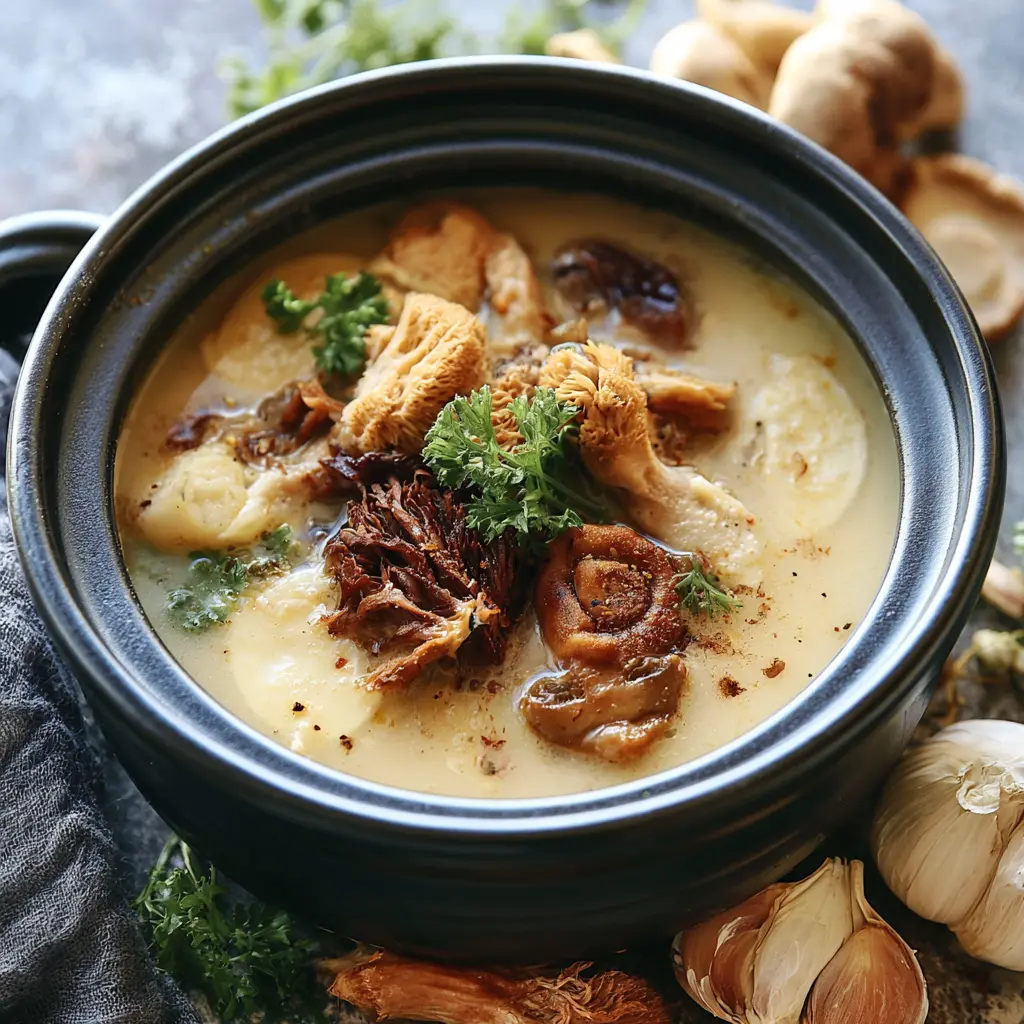 Lions Mane Mushroom Soup recipe, served and ready to eat, easy homemade dish